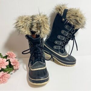 SOREL Joan of Arctic Black Stone Suede Fur Lace Up Winter Boots